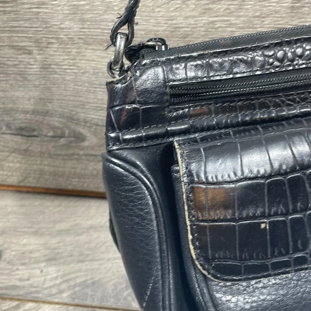 VTG Brighton Shoulder Bag Black Leather Croc Pockets Adjustable Retro Purse Y2K - Picture 4 of 16